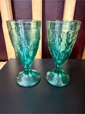 Vintage French Teal Pressed Glass Goblets - Set () Fruit Motif Marked France 20